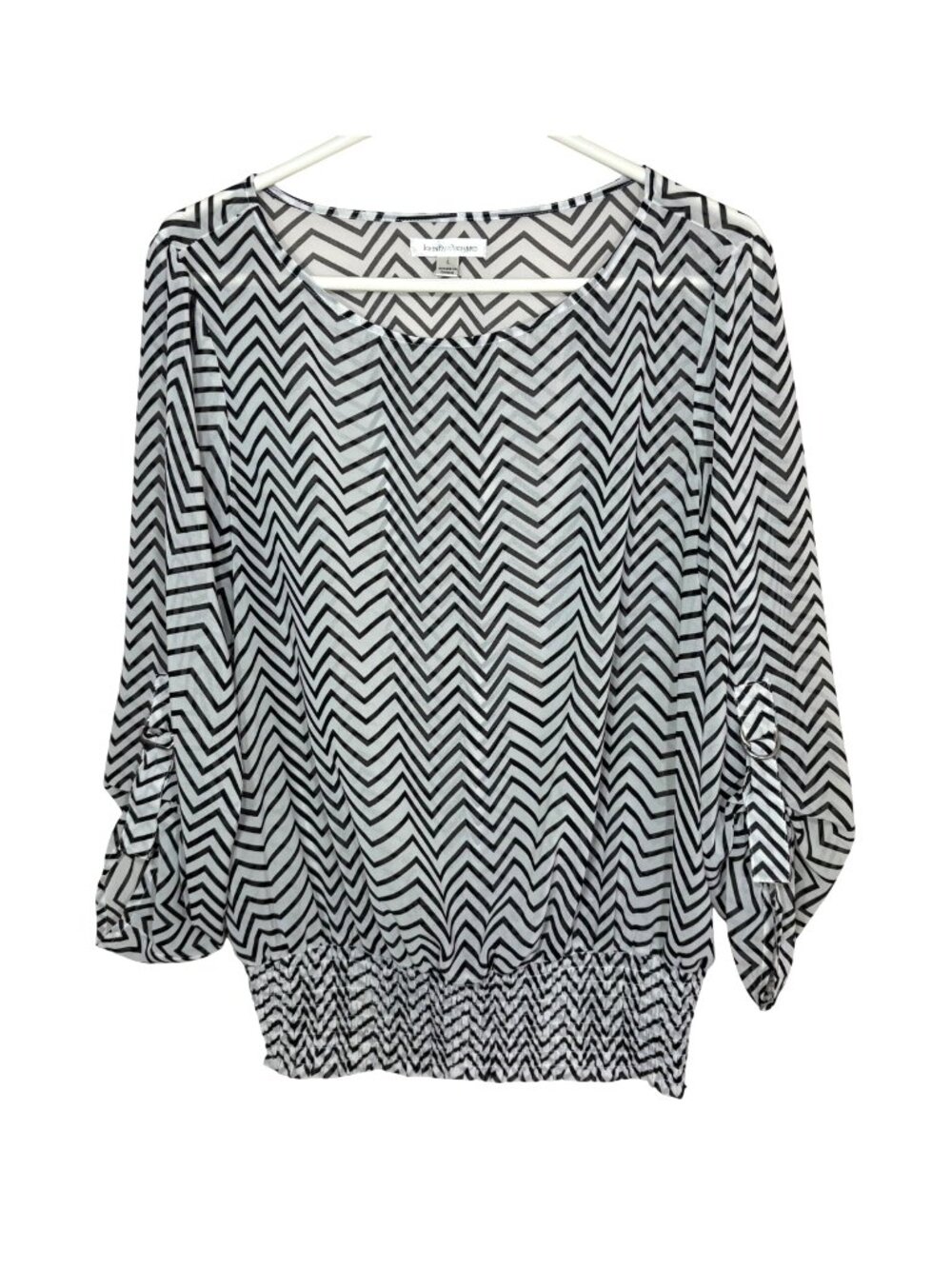 John Paul Richard Black & White Chevron L/S Blouse With Smocked Hem Size Large